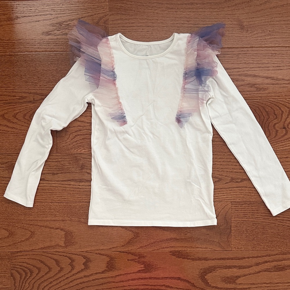 H&M Girls' White Long-Sleeve Top with Pink & Purple Tulle Ruffles 8/10